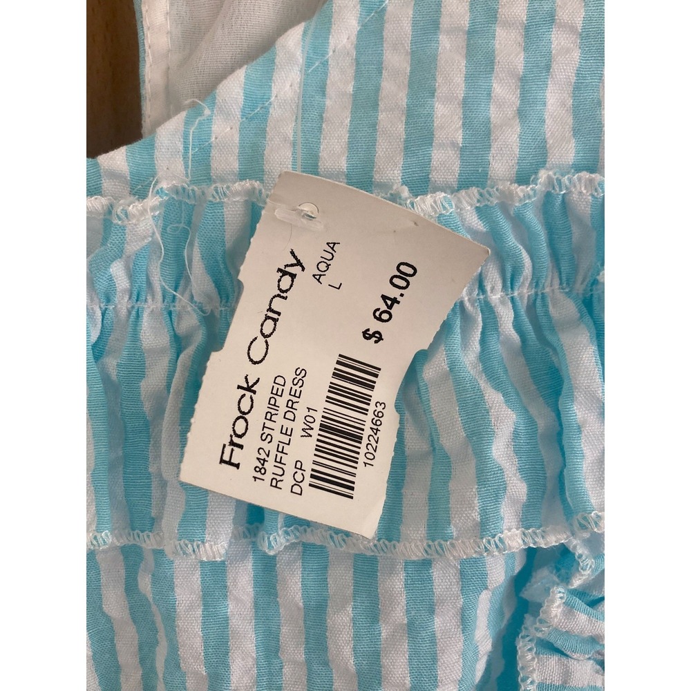 NWT Merci Aqua White Large Smock Ruffle Puff Sleeve Seersucker Dress Coastal - Picture 4 of 8